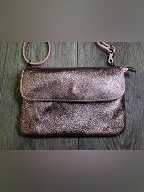 Leather Metallic Pink Crossbody Bag Made in Italy Compact Shoulder Purse